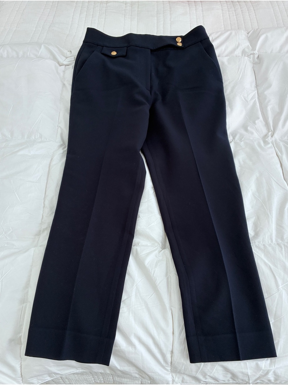 Veronica Beard Navy High Rise Gold Button Trousers Size 8 - Picture 2 of 8
